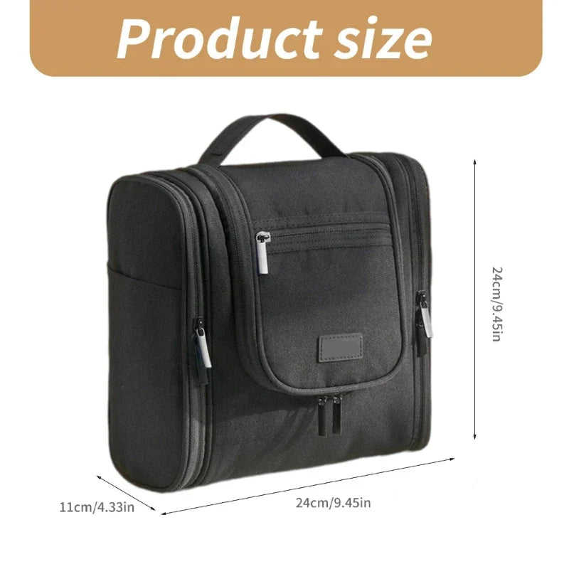 Borsa da viaggio nera con manico, tasche multiple e zip, dimensioni 24x24x11 cm. Ideale per organizzare accessori e articoli da toeletta.