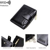 Portafoglio in pelle nera con protezione RFID, chiusura hardware, cerniera, tasche multiple, design elegante. Accessorio moda uomo/donna.
