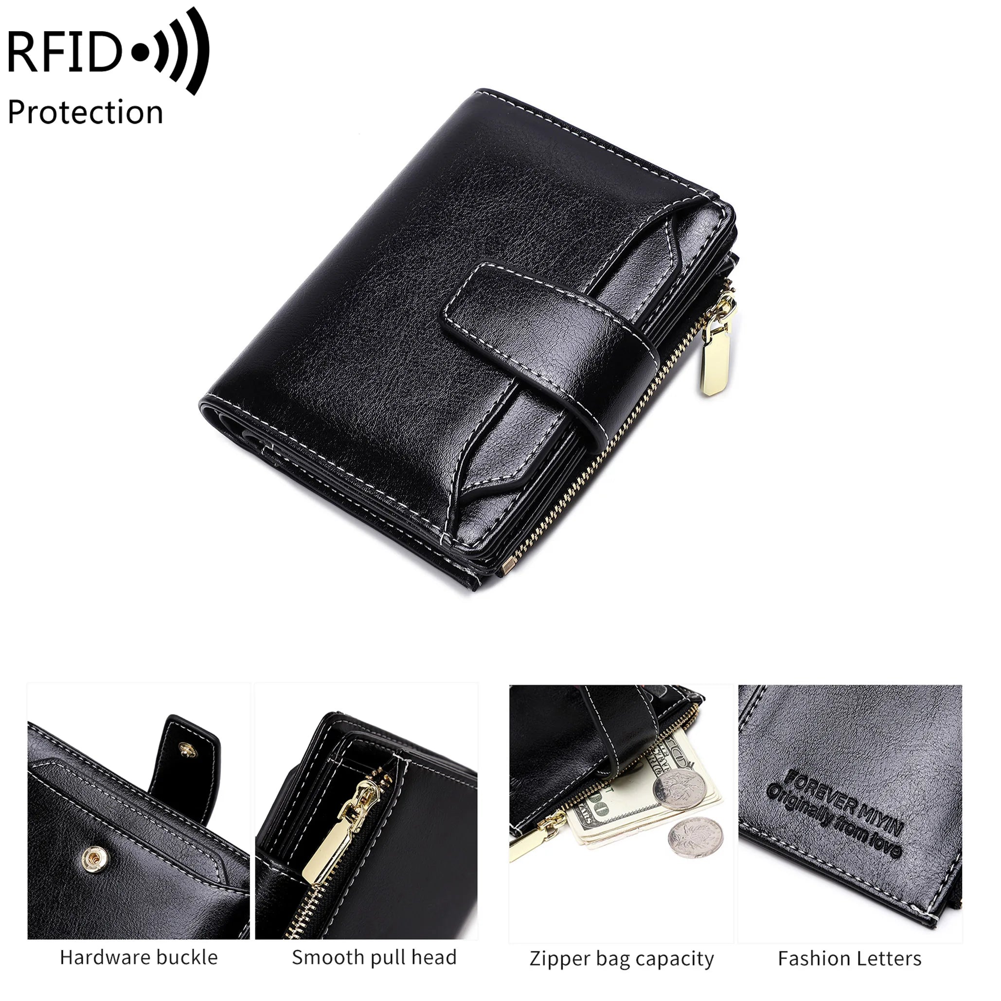 Portafoglio in pelle nera con protezione RFID, chiusura hardware, cerniera, tasche multiple, design elegante. Accessorio moda uomo/donna.