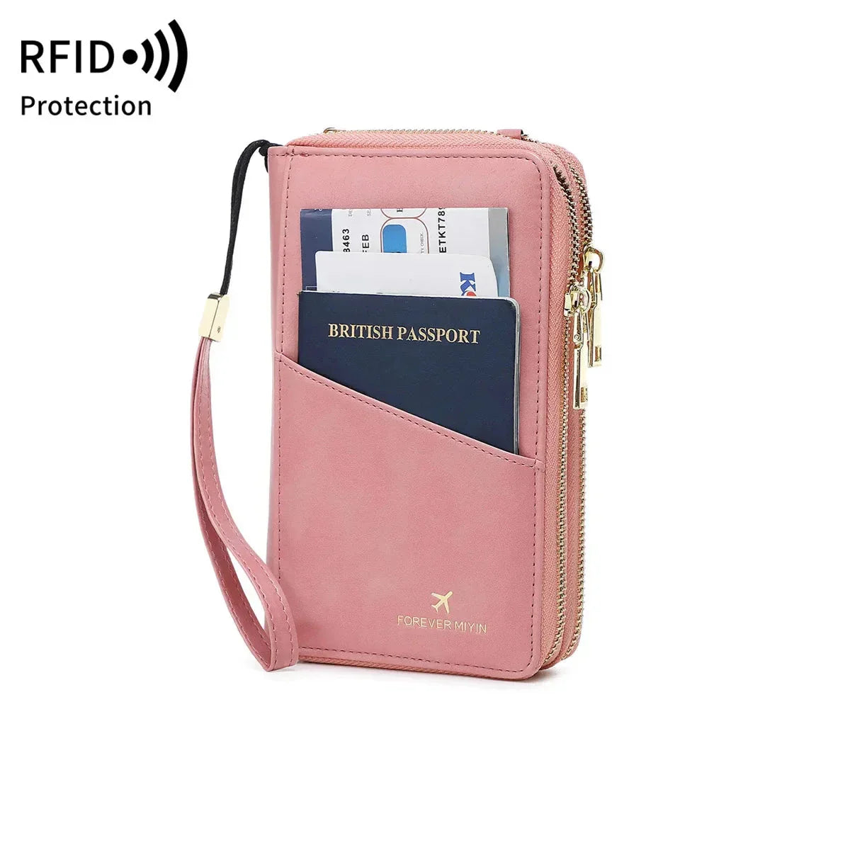 Portafoglio da viaggio rosa con protezione RFID, tasca per passaporto britannico, slot per carte di credito, cerniera dorata, design compatto ed elegante.