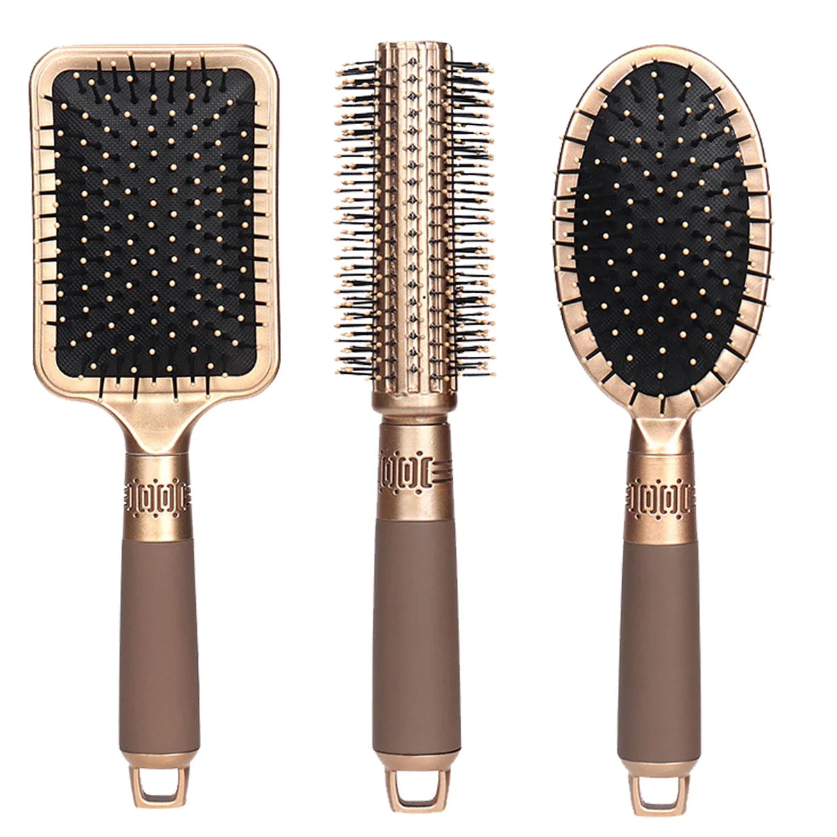 Set di spazzole per capelli dorate, include spazzola piatta, spazzola rotonda e spazzola ovale, manico ergonomico, set styling professionale.