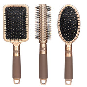 Set di spazzole per capelli dorate, include spazzola piatta, spazzola rotonda e spazzola ovale, manico ergonomico, set styling professionale.