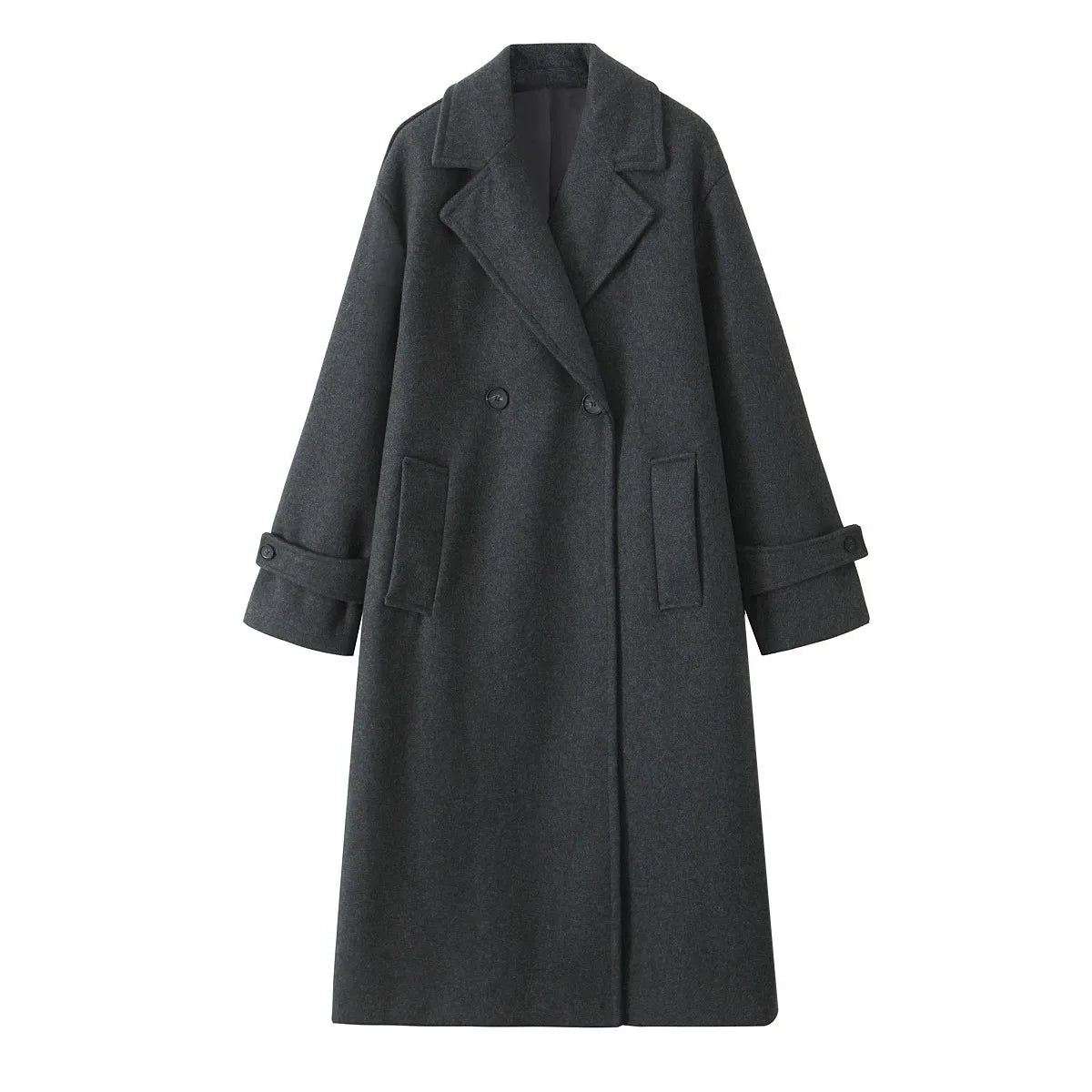 Cappotto lungo grigio scuro in lana, doppio petto, con tasche e revers classici. Elegante e caldo, ideale per l'inverno.