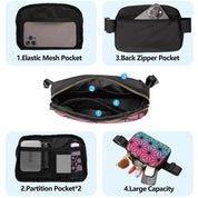 Marsupio multitasche nero con tasca a rete elastica, tasca posteriore con zip, divisori interni e ampia capacità. Ideale per smartphone e accessori.