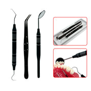 Set di strumenti dentali neri: specchietto, pinzette e uncino. Ideale per igiene orale e pulizia dentale professionale. Accessori odontoiatrici.