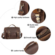 Borsa a tracolla in pelle marrone con hardware di alta qualità, chiusure a fibbia, cerniera liscia e manico in pelle. Design elegante e resistente.