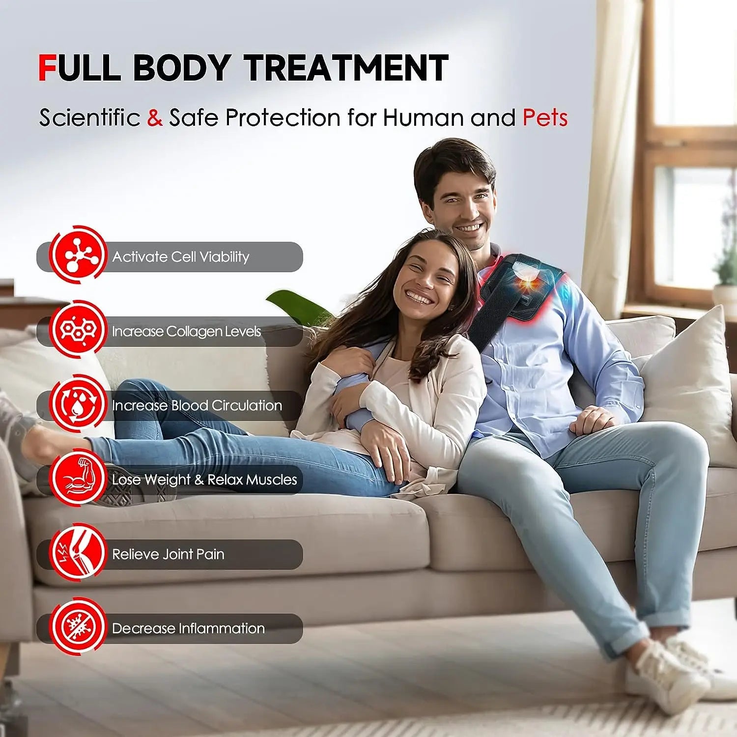 Coppia sorridente seduta su un divano con grafica di trattamento corpo completo, evidenziando benefici come aumento collagene e circolazione.