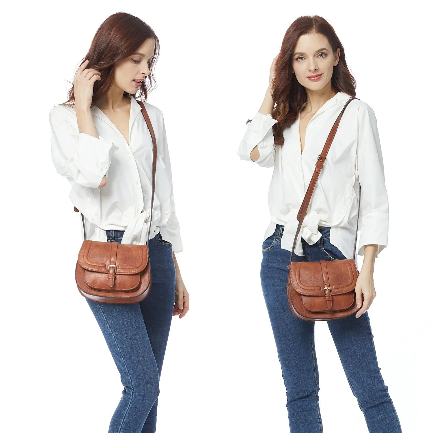Donna con borsa a tracolla in pelle marrone, camicia bianca e jeans. Accessorio moda elegante, perfetto per look casual e quotidiani.