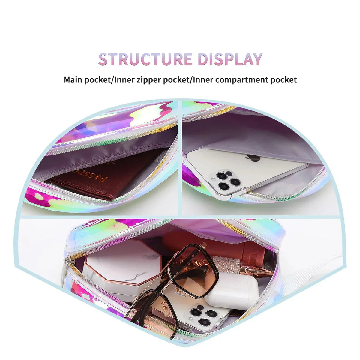 Borsa cosmetica multicolore con tasche interne, contenente passaporto, smartphone, occhiali da sole e rossetto. Accessorio da viaggio pratico e spazioso.