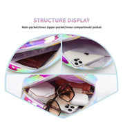 Borsa cosmetica multicolore con tasche interne, contenente passaporto, smartphone, occhiali da sole e rossetto. Accessorio da viaggio pratico e spazioso.