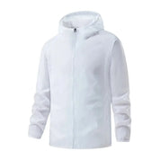 Giacca a vento bianca con cappuccio, zip frontale, maniche lunghe, design leggero e impermeabile. Ideale per attività outdoor e sport.