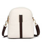 Borsa a tracolla in pelle bianca con dettagli marroni, chiusura a zip dorata, design elegante e moderno, ideale per moda femminile e accessori.