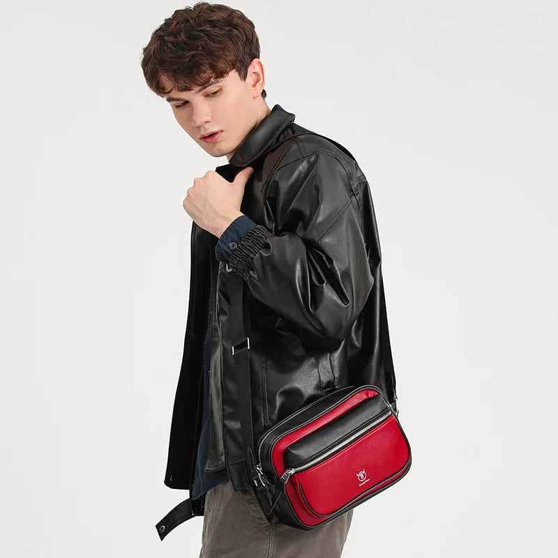 Giovane con giacca di pelle nera indossa borsa a tracolla rossa e nera. Moda uomo, accessori eleganti, stile casual.