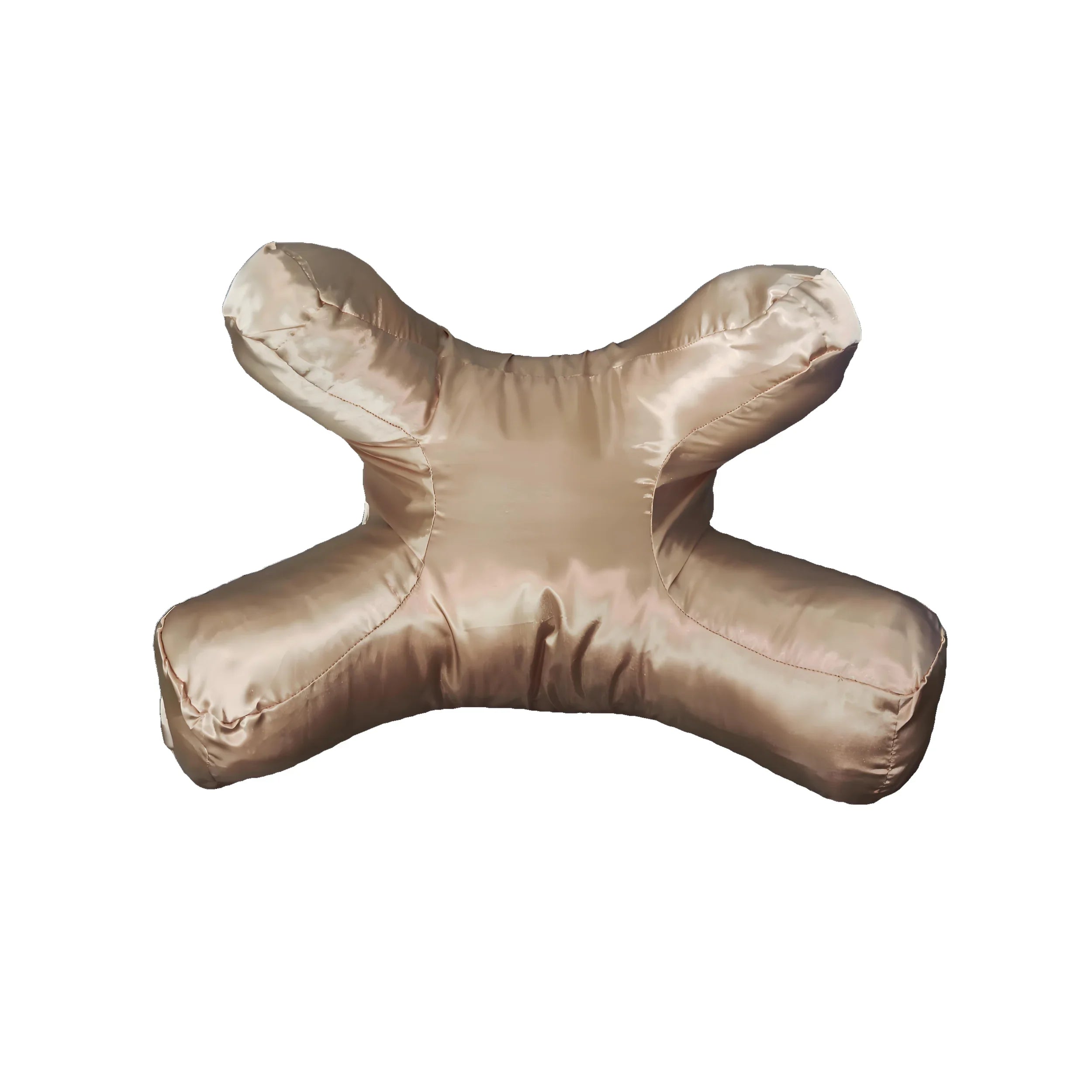 Cuscino ergonomico in seta color champagne, design a croce, supporto cervicale, ideale per il sonno, comfort e relax.