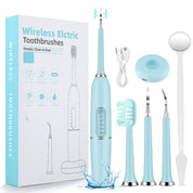 Spazzolino elettrico wireless blu con accessori, ricarica USB, testine intercambiabili, pulizia profonda denti e gengive, confezione inclusa.