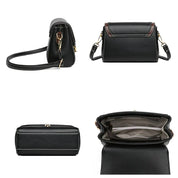 Borsa a tracolla in pelle nera, design elegante, chiusura con zip, dettagli dorati, tasche interne, ideale per moda donna e accessori di lusso.
