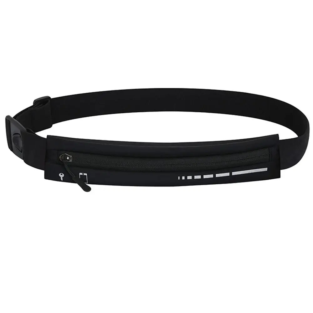 Marsupio da corsa nero con cerniera, cintura regolabile, design sottile e leggero, ideale per sport, jogging, escursioni, compatibile con smartphone.