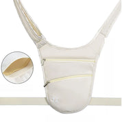 Marsupio a tracolla bianco con doppia tasca con zip, design ergonomico, ideale per viaggi e attività all'aperto. Tasche interne per sicurezza.