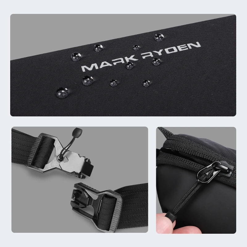 Marsupio impermeabile nero Mark Ryden con cerniera resistente, fibbia regolabile e tessuto idrorepellente. Accessorio moda pratico e durevole.
