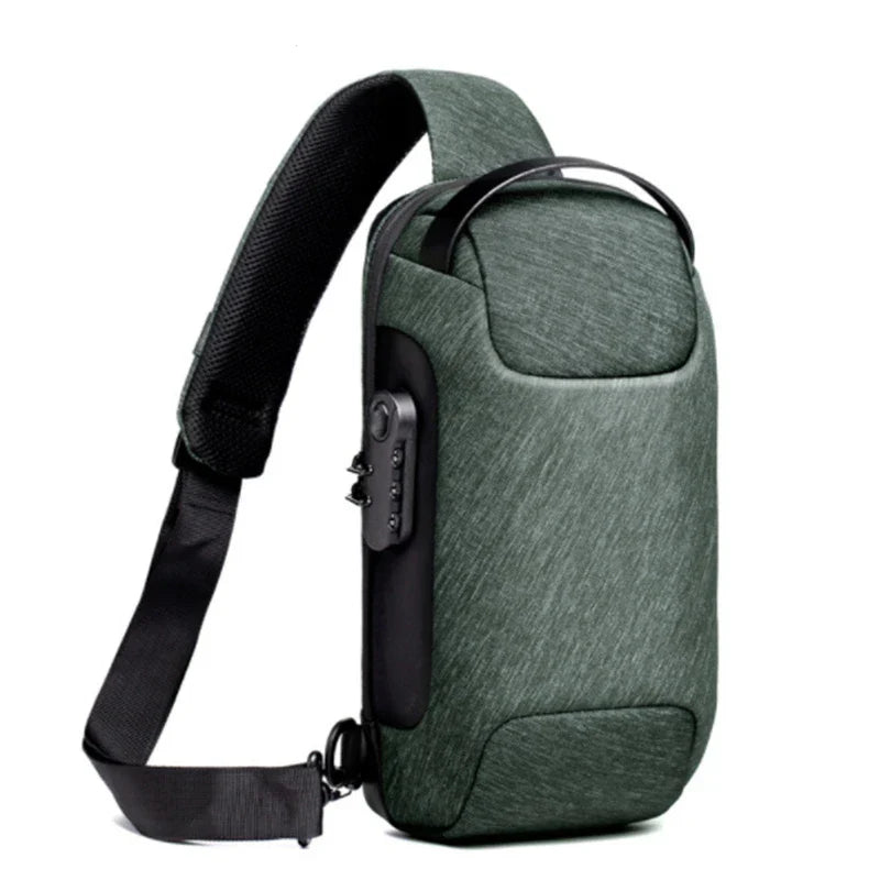Zaino monospalla verde scuro, antifurto, con chiusura a combinazione, design moderno, ideale per viaggi e uso quotidiano. Materiale resistente.