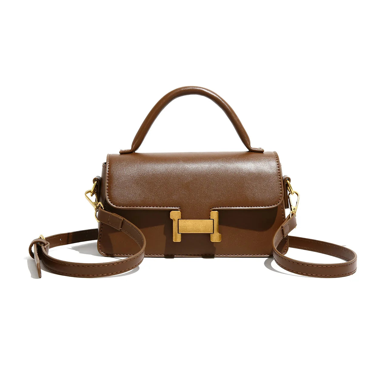 Borsa a tracolla in pelle marrone con chiusura dorata, manico superiore e tracolla regolabile. Elegante accessorio moda donna.