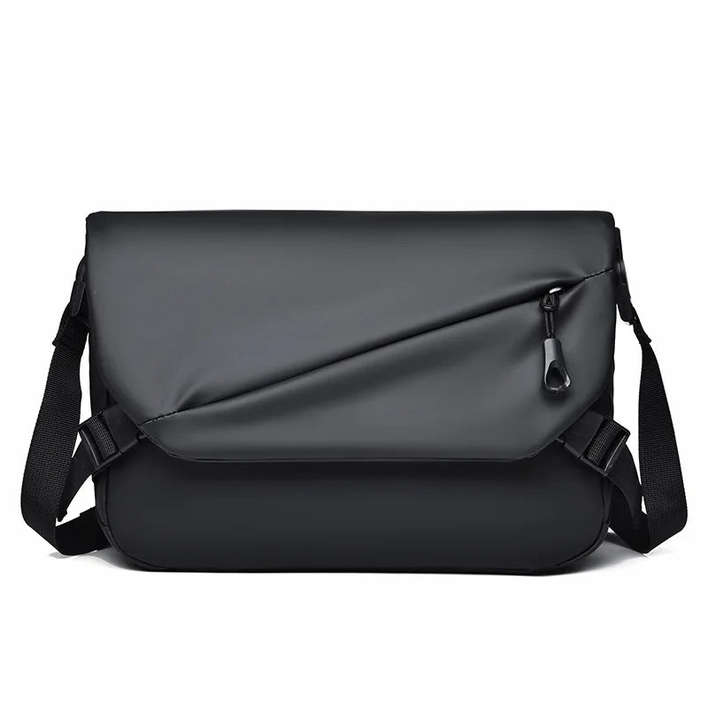 Borsa a tracolla nera impermeabile, design moderno, con tasca frontale con zip. Ideale per laptop, lavoro e viaggio. Accessorio unisex elegante.