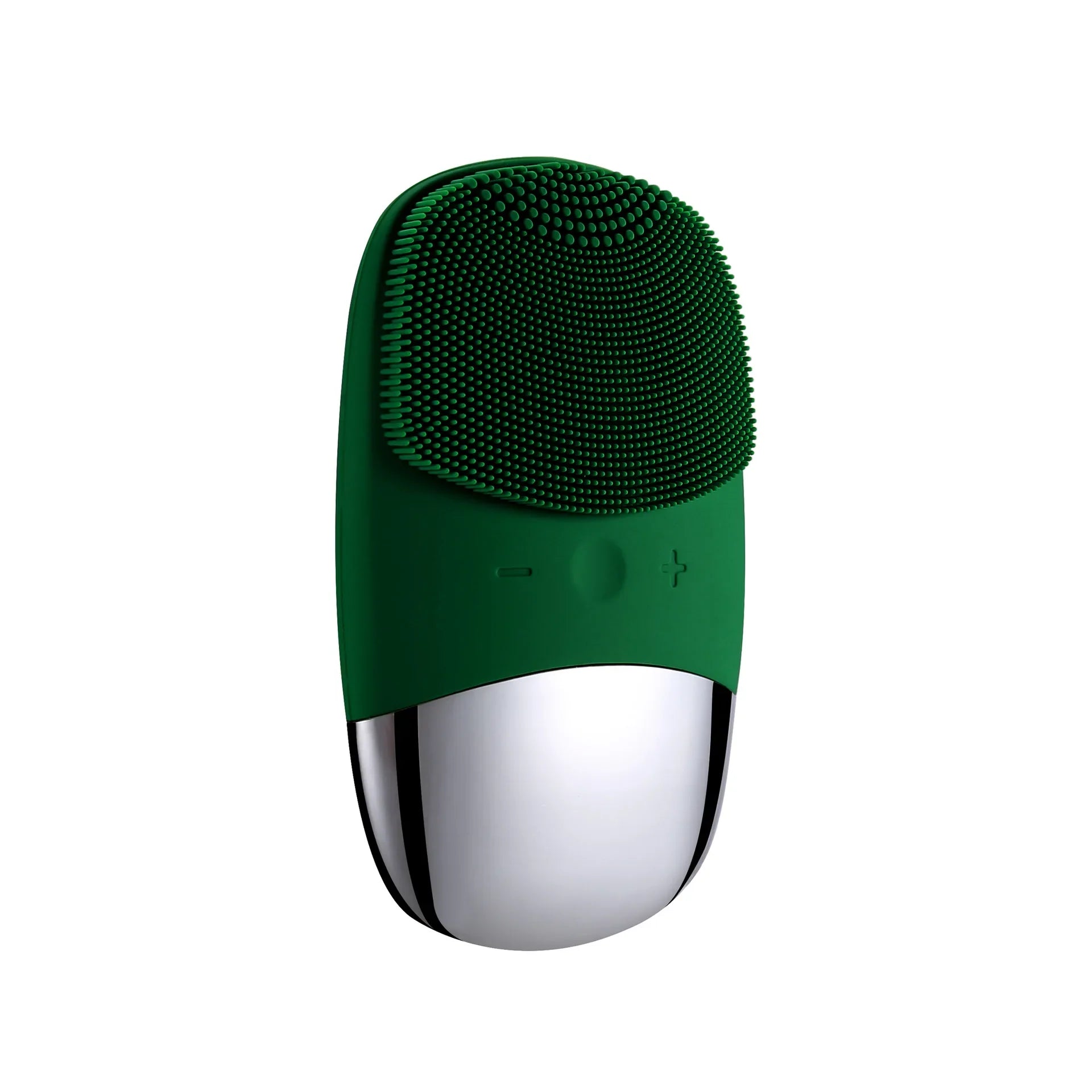 Dispositivo di pulizia viso in silicone verde, ricaricabile, con testina esfoliante e base cromata. Strumento skincare elettrico per pelle luminosa.