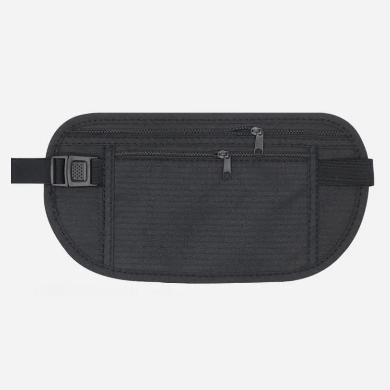 Marsupio da viaggio nero con doppia cerniera, design compatto e sicuro, ideale per documenti e denaro. Accessorio essenziale per viaggiatori.