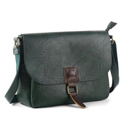 Borsa a tracolla in pelle verde scuro con fibbia marrone, design elegante e spazioso, ideale per moda donna, accessori di tendenza.