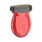 Dispositivo massaggiatore facciale rosso con luci LED, design ergonomico, ricaricabile via USB, per cura della pelle e anti-invecchiamento.