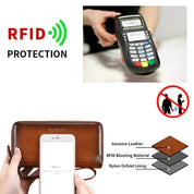 Portafoglio in pelle marrone con protezione RFID, materiale di blocco RFID, fodera in nylon Oxford, compatibile con pagamenti contactless.