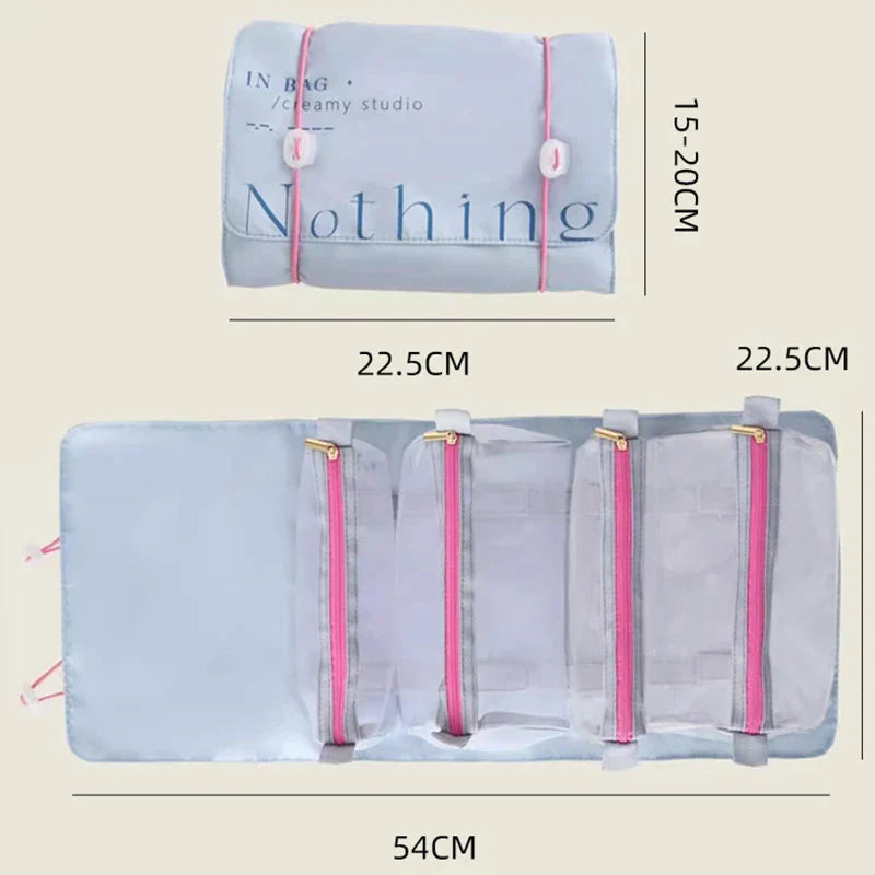 Borsa organizer da viaggio pieghevole, grigia con cerniere rosa, dimensioni 54x22,5 cm aperta, 22,5x15-20 cm chiusa, ideale per cosmetici e accessori.