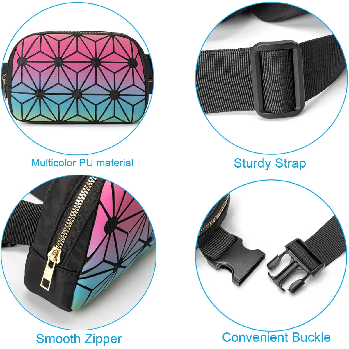 Marsupio geometrico multicolore in PU, cerniera liscia, cintura robusta, fibbia comoda. Accessorio moda pratico e versatile per ogni occasione.