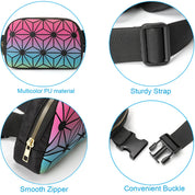 Marsupio geometrico multicolore in PU, cerniera liscia, cintura robusta, fibbia comoda. Accessorio moda pratico e versatile per ogni occasione.