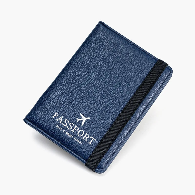 Custodia passaporto in pelle blu con elastico nero, design elegante, ideale per viaggiatori. Accessorio viaggio, protezione documenti.