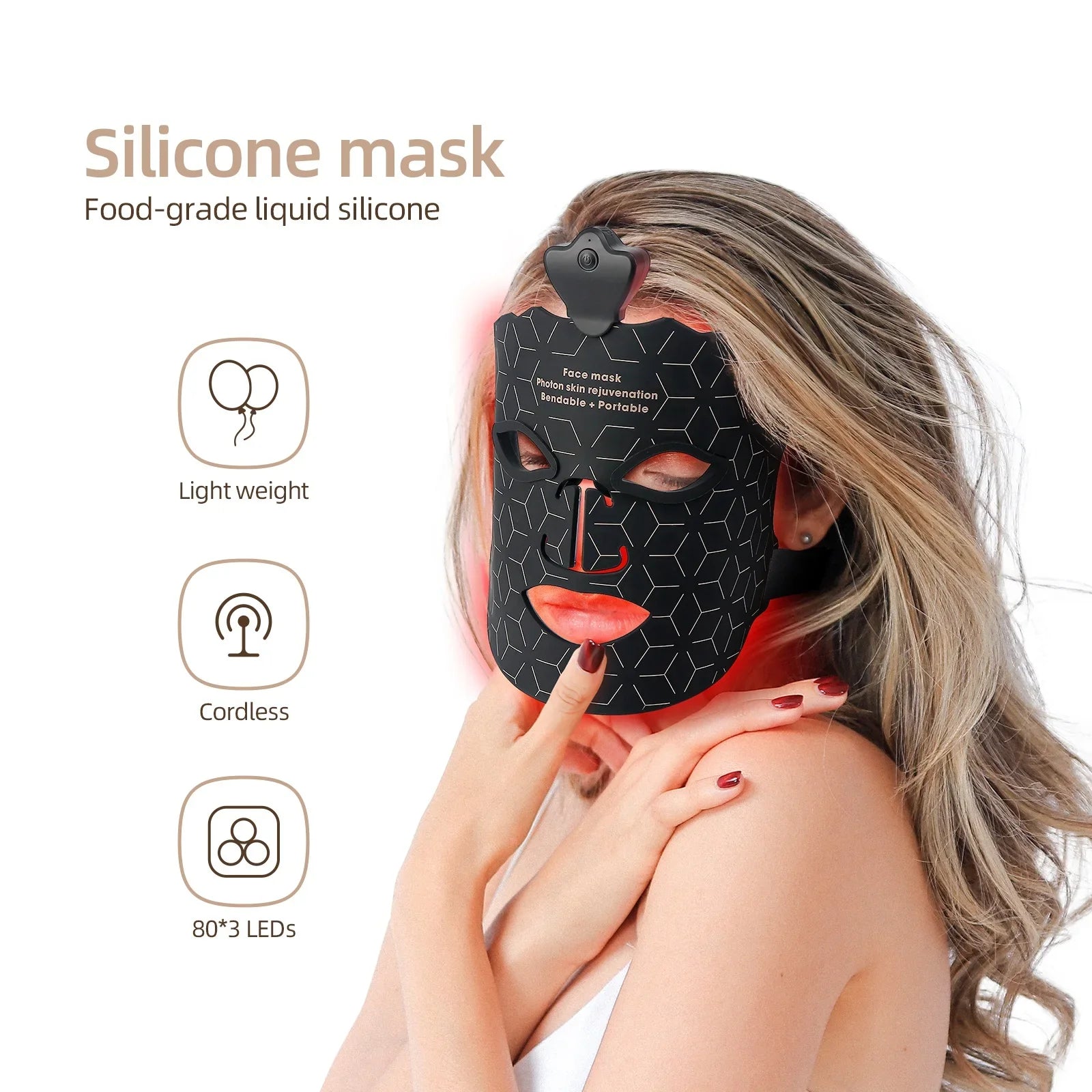 Maschera facciale in silicone nero con LED, leggera e senza fili, realizzata in silicone alimentare. Ideale per trattamenti di bellezza e cura della pelle.