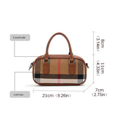 Borsa a mano in pelle e tela, motivo a quadri, dimensioni 21x11x7 cm, manici in cuoio, elegante e compatta, perfetta per ogni occasione.