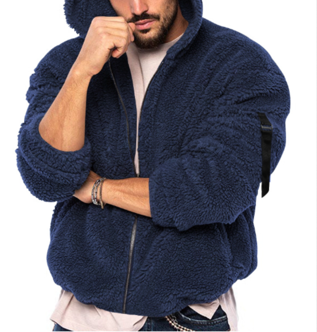 Giacca in pile blu da uomo con cappuccio, chiusura a zip, maniche lunghe, stile casual. Perfetta per l'inverno e l'autunno.