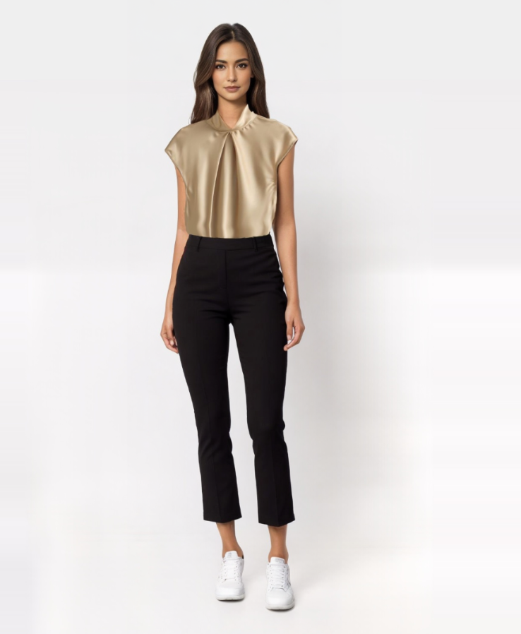 Blusa satinata dorata elegante, abbinata a pantaloni neri a vita alta e sneakers bianche. Moda donna, abbigliamento casual chic.