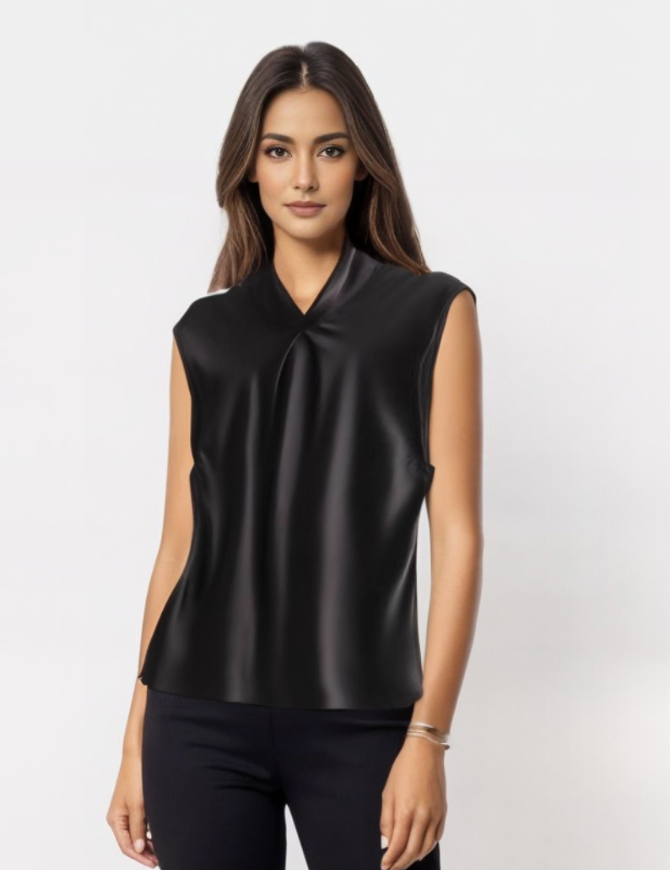 Donna con top nero senza maniche, elegante e moderno, su sfondo bianco. Moda femminile, abbigliamento casual chic, stile minimalista.