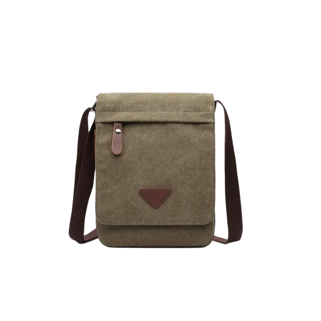Borsa a tracolla uomo in tela marrone, design rettangolare, chiusura a patta, dettagli in pelle, ideale per lavoro e tempo libero.