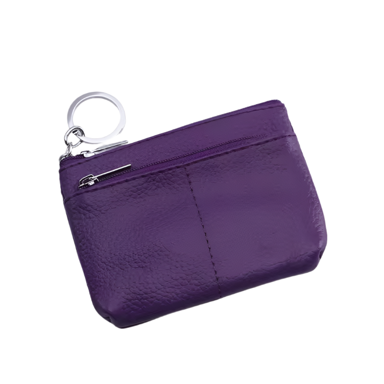 Portamonete in pelle viola con cerniera e anello portachiavi, design elegante e compatto, accessorio moda donna, ideale per carte e monete.
