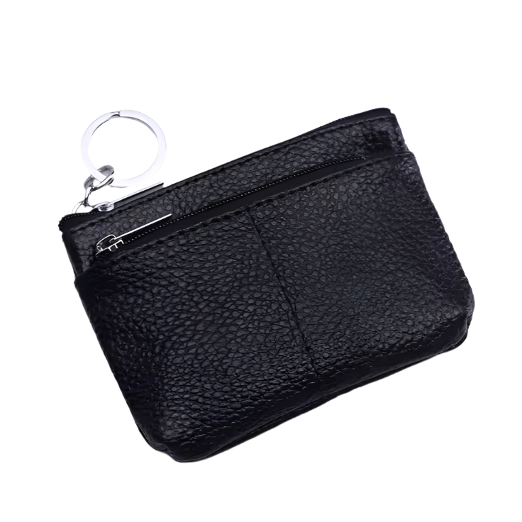 Portachiavi in pelle nera con cerniera, design elegante e compatto, ideale per organizzare chiavi e piccoli oggetti. Accessorio moda pratico.