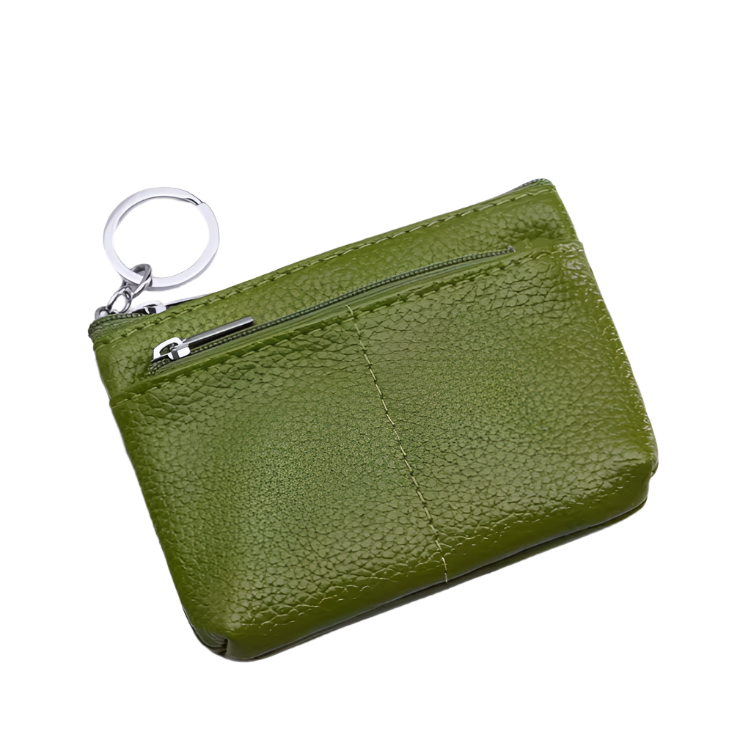 Portamonete verde in pelle con zip e anello portachiavi, design elegante e compatto, accessorio moda donna, ideale per carte e monete.