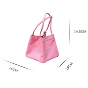Borsa a mano rosa in pelle sintetica, dimensioni 16x15x14.5 cm, design elegante, ideale per moda femminile, accessorio trendy e versatile.
