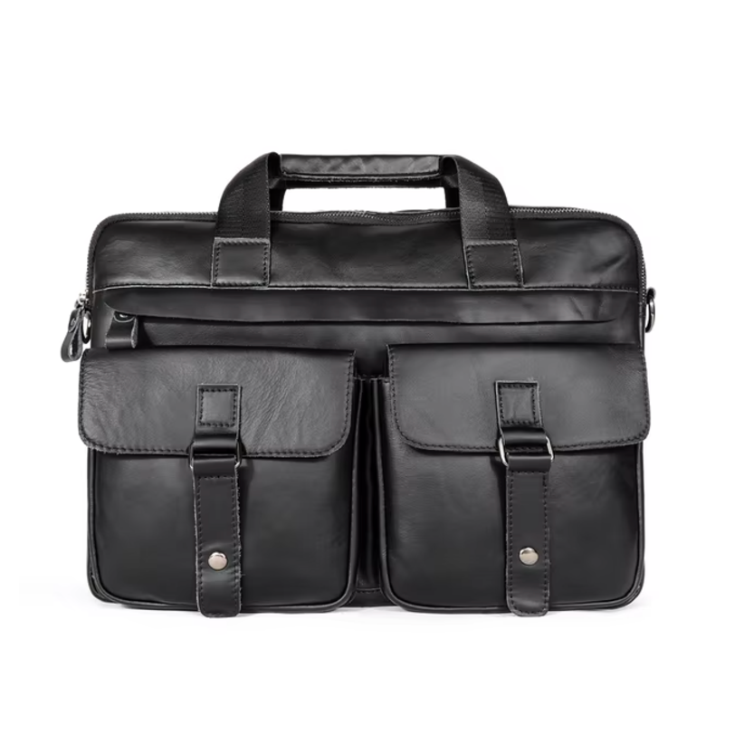 Borsa ventiquattrore in pelle nera con doppie tasche frontali e manici, ideale per lavoro e ufficio. Design elegante e funzionale.