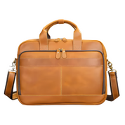 Borsa ventiquattrore in pelle marrone con tracolla regolabile, tasca frontale con zip, design elegante e professionale per uomo e donna.