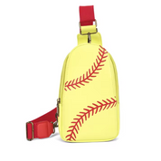 Zaino monospalla giallo a forma di palla da softball con cuciture rosse, tracolla regolabile rossa. Accessorio sportivo alla moda.