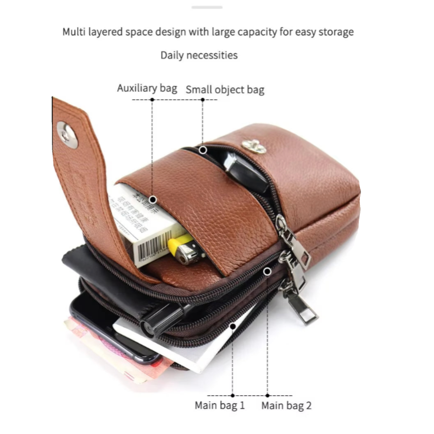 Borsa a tracolla in pelle marrone multi-scomparto, design compatto, con tasche per oggetti piccoli e accessori, ideale per organizzazione quotidiana.