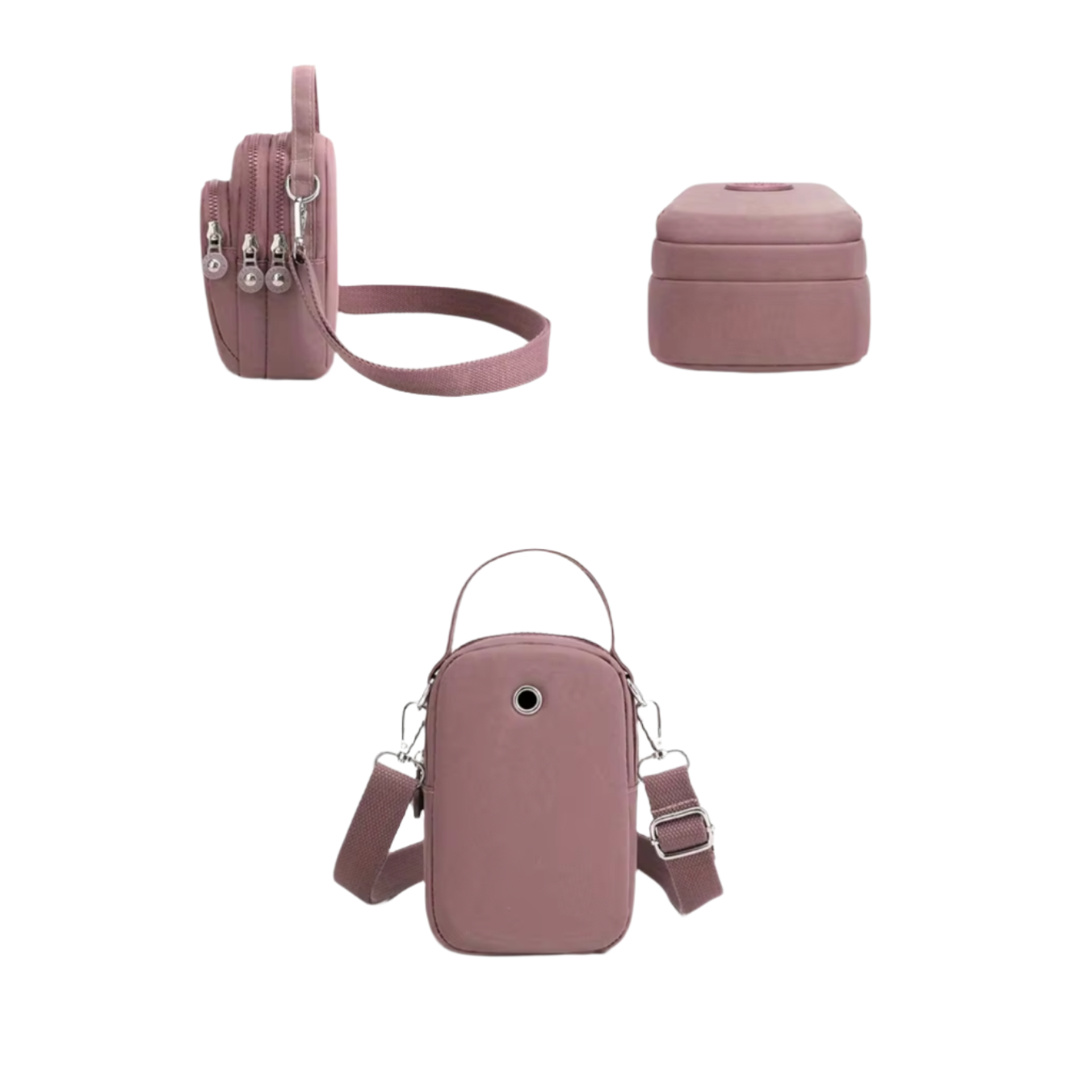 Borsa a tracolla rosa con cerniere multiple, design compatto, ideale per viaggi e uso quotidiano. Include custodia abbinata. Accessorio moda donna.
